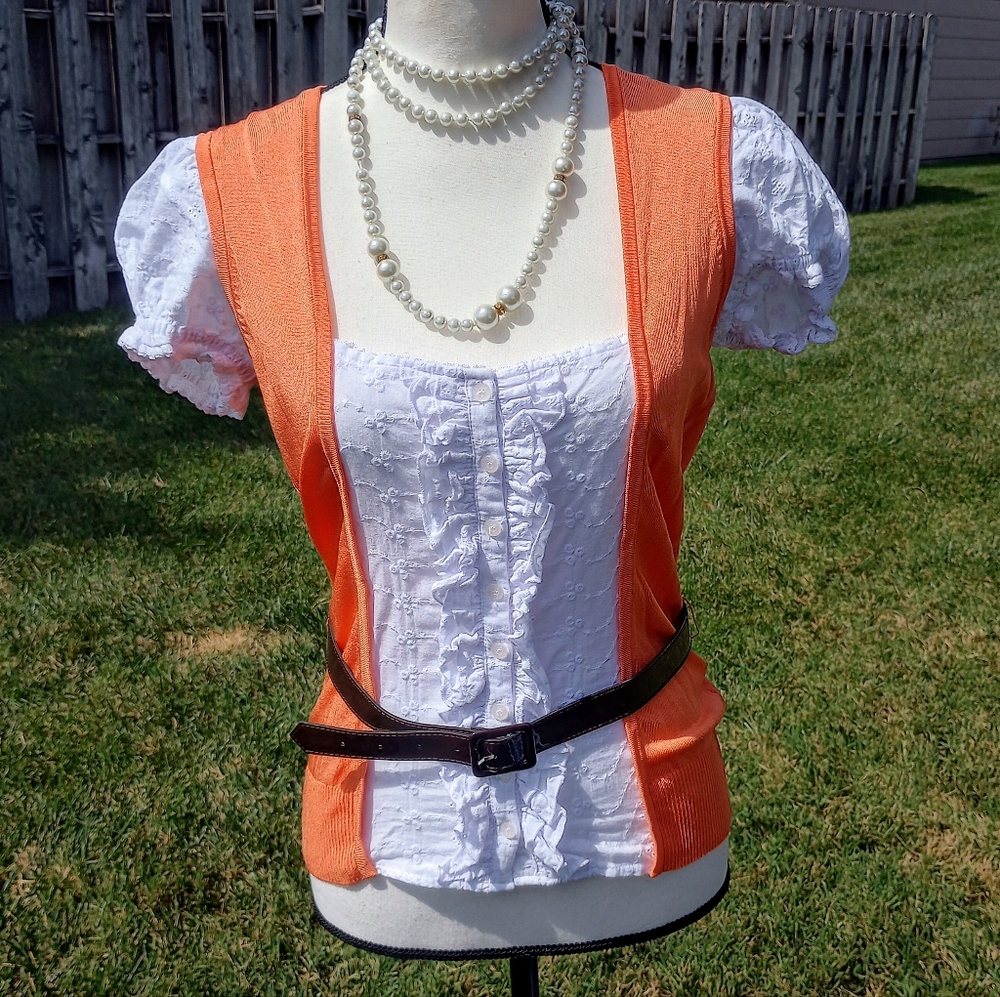 Bebe Orange Sunset & White Ruffle Eyelet Front Belt Vest Blouse